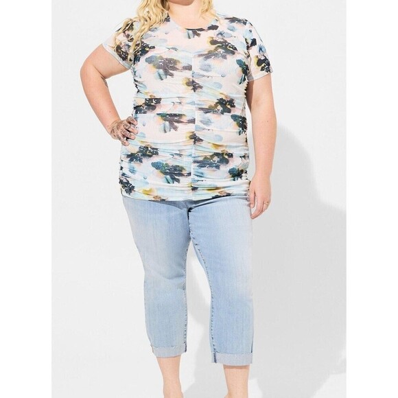 Torrid Stretch Mesh Crew Neck Ruched Top Floral Plus Size 4X (26) - Picture 1 of 13